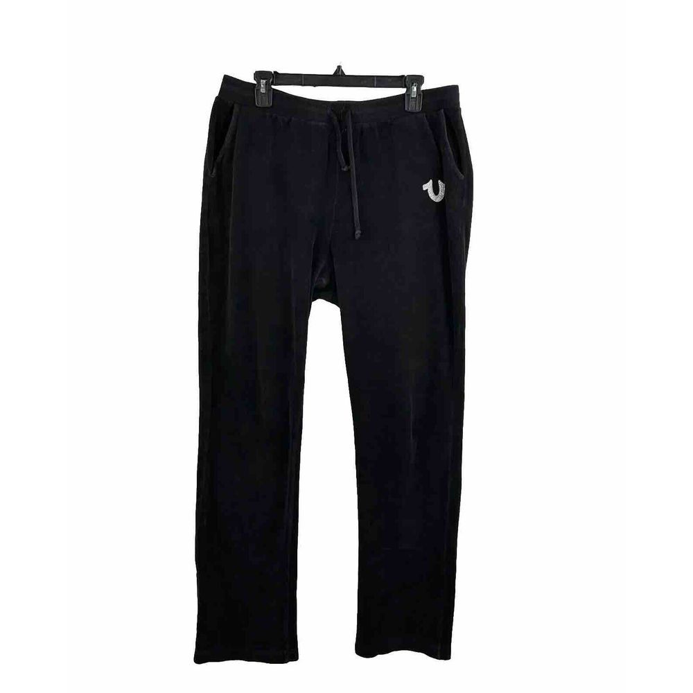 Vintage True Religion Velour Sweat Pants Womens XL Black Straight Leg Y2K